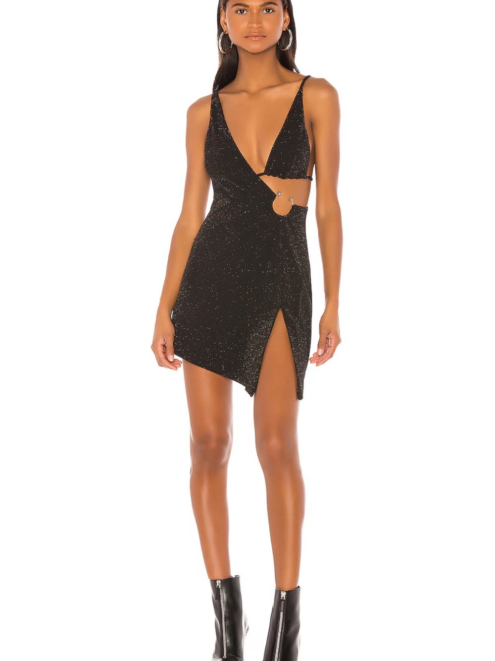 Black Sparkle Cutout Mini Dress with Front Ring Detail